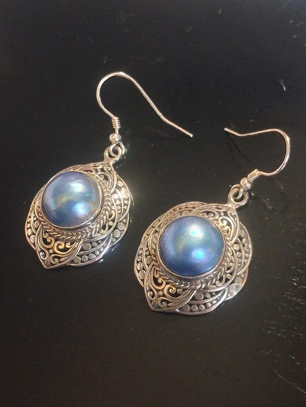 Cultured Blue Mabe Pearl Sterling Silver Dangle Drop Earrings Balinese Style